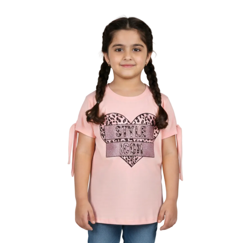 LIGHT PINK HEART STYLE ICON PRINTED T-SHIRT FOR GIRLS
