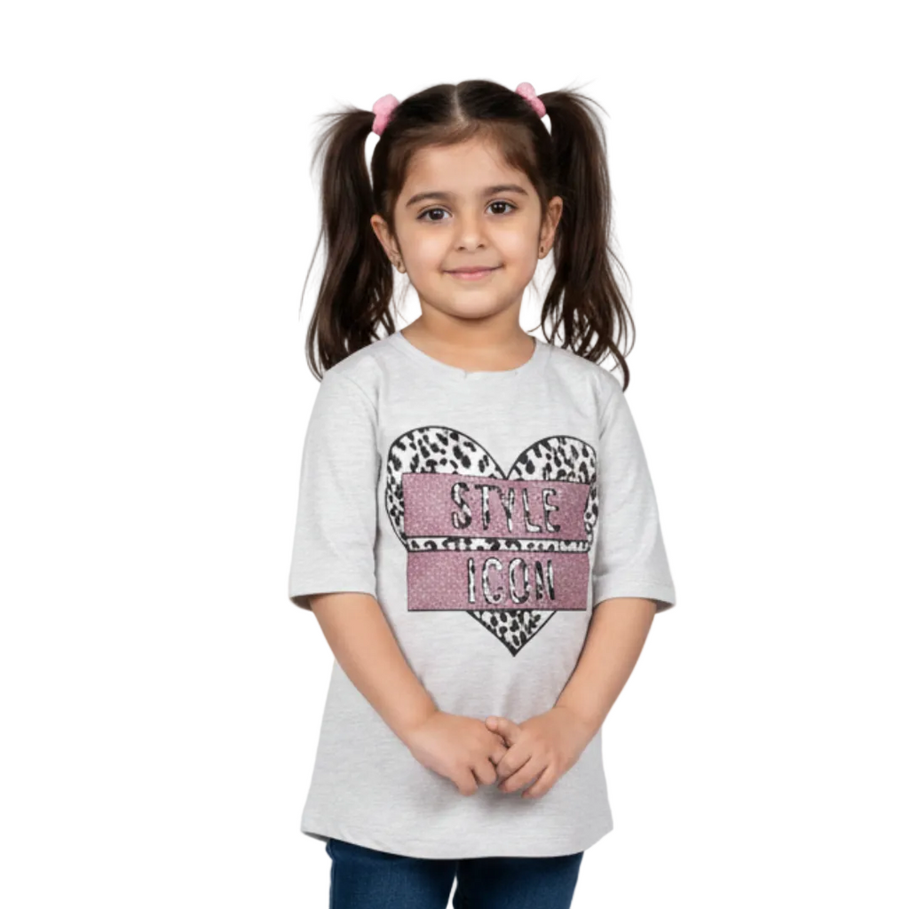 ASH GREY HEART STYLE ICON PRINTED T-SHIRT FOR GIRLS