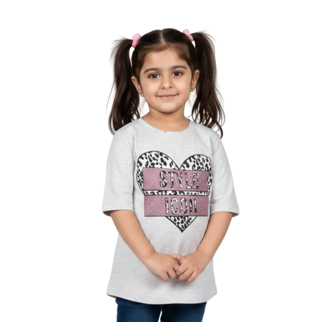 ASH GREY HEART STYLE ICON PRINTED T-SHIRT FOR GIRLS