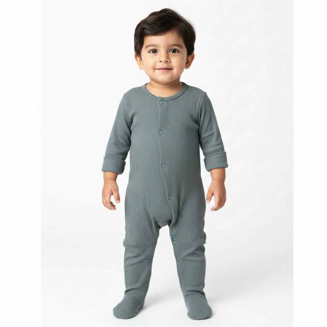 GREEN PANDA RIBBED FABRIC POWER STRETCH FULL BODY FULL SLEEVES ROMPER Main image