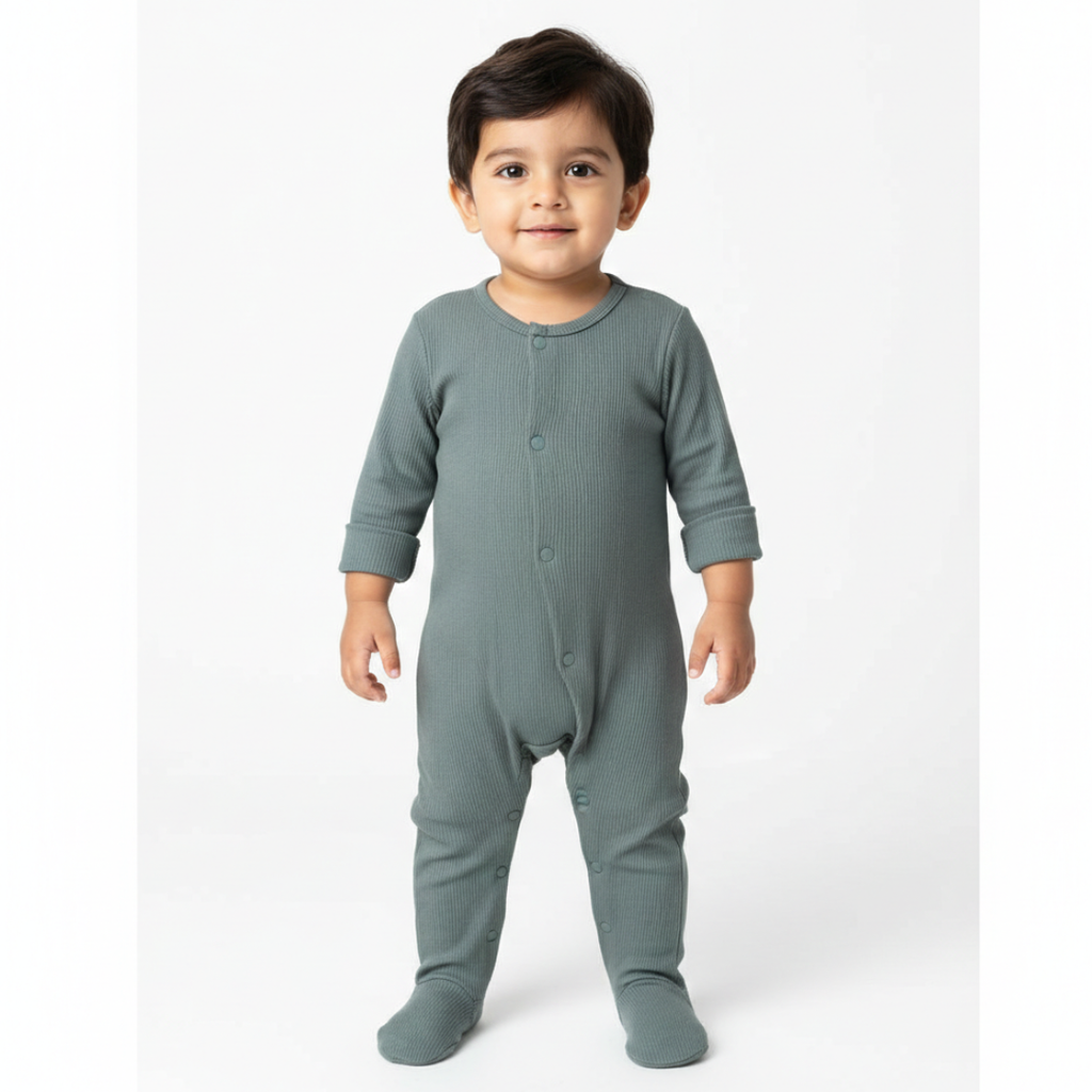 GREEN PANDA RIBBED FABRIC POWER STRETCH FULL BODY FULL SLEEVES ROMPER