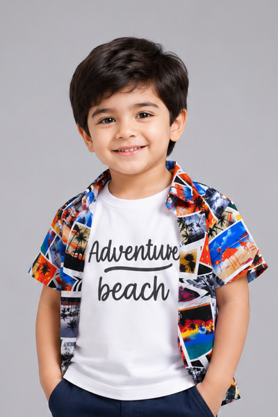 White Adventure Beach Print Casual Shirt For Boys