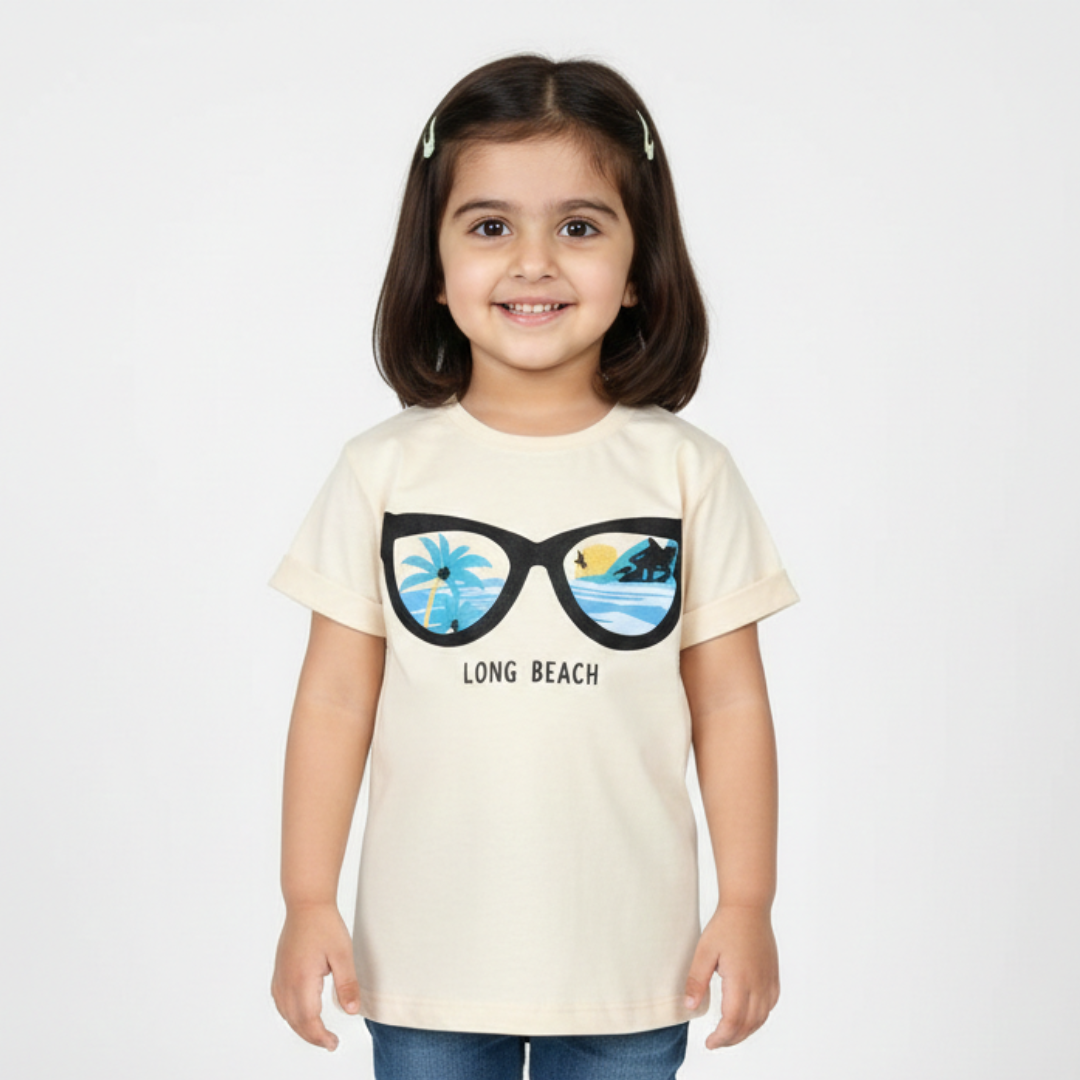 CREAM GLASSES LONG BEACH PRINTED T-SHIRT FOR GIRLS