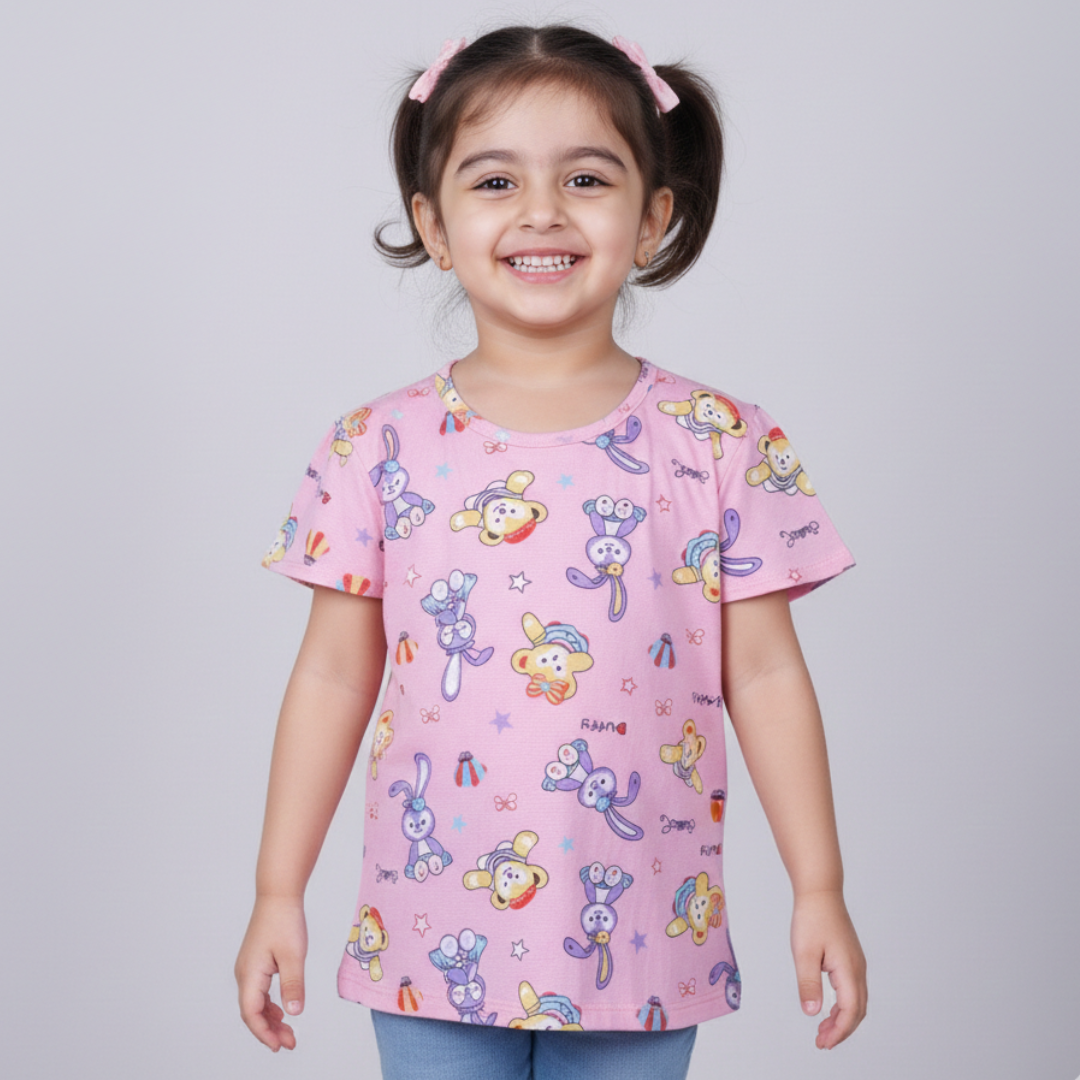PINK RABBIT & BEAR PRINTED T-SHIRT TOP FOR GIRLS