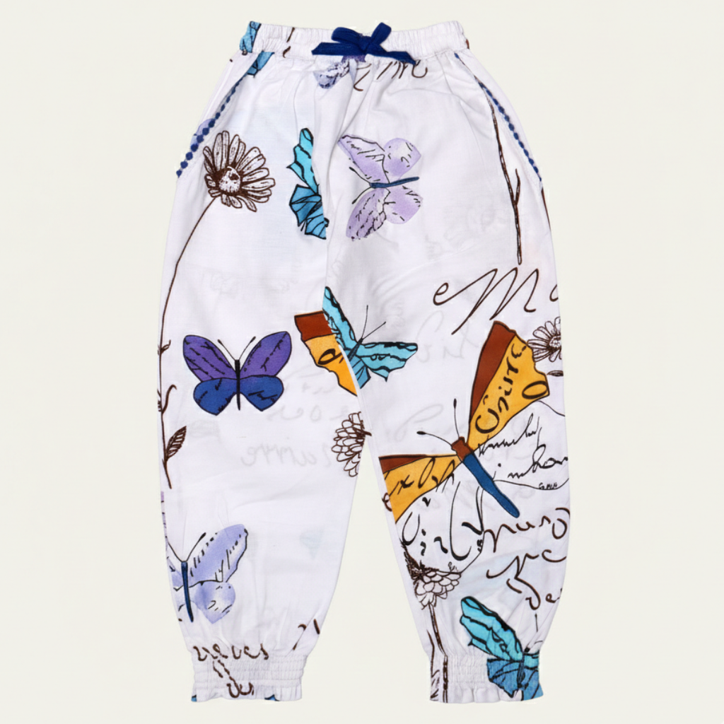 WHITE WITH BIG BUTTERFLIES PRINTED FRIL POCKETS PAJAMA FOR GIRLS