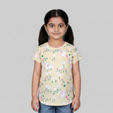YELLOW RABBIT & FLOWERS PRINTED T-SHIRT TOP FOR GIRLS