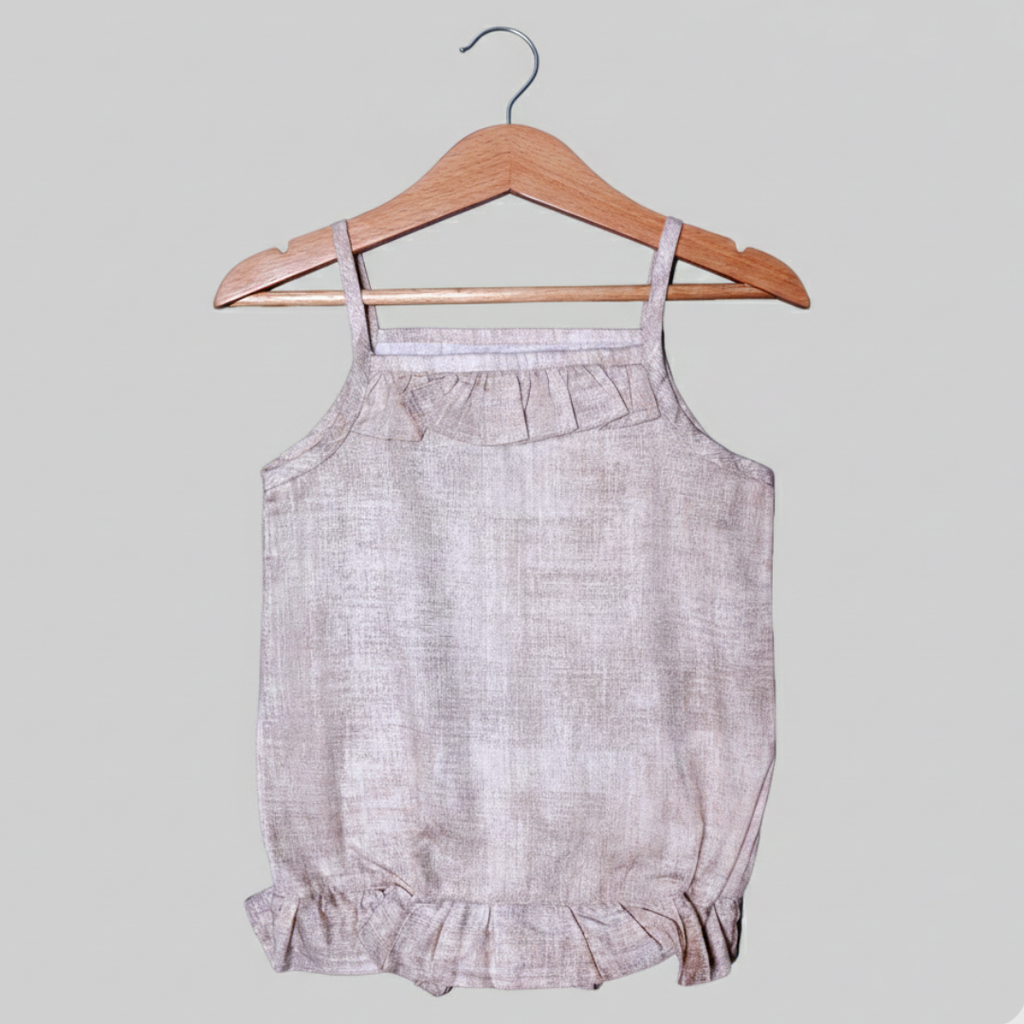 BROWN FRIL SELF PRINTED COTTON FABRIC ROMPER