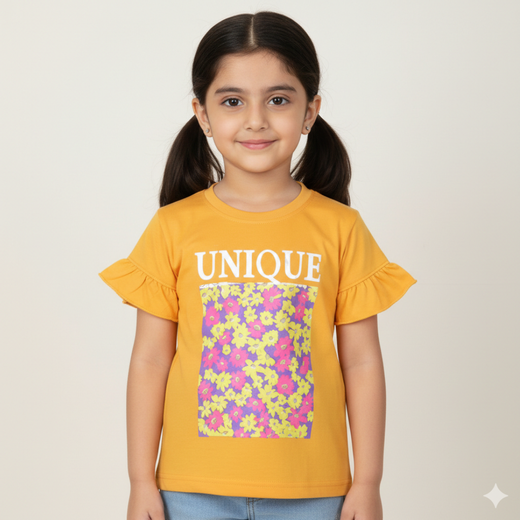 MUSTARD UNIQUE FLOWERS PRINTED T-SHIRT TOP FOR GIRLS
