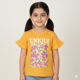 MUSTARD UNIQUE FLOWERS PRINTED T-SHIRT TOP FOR GIRLS