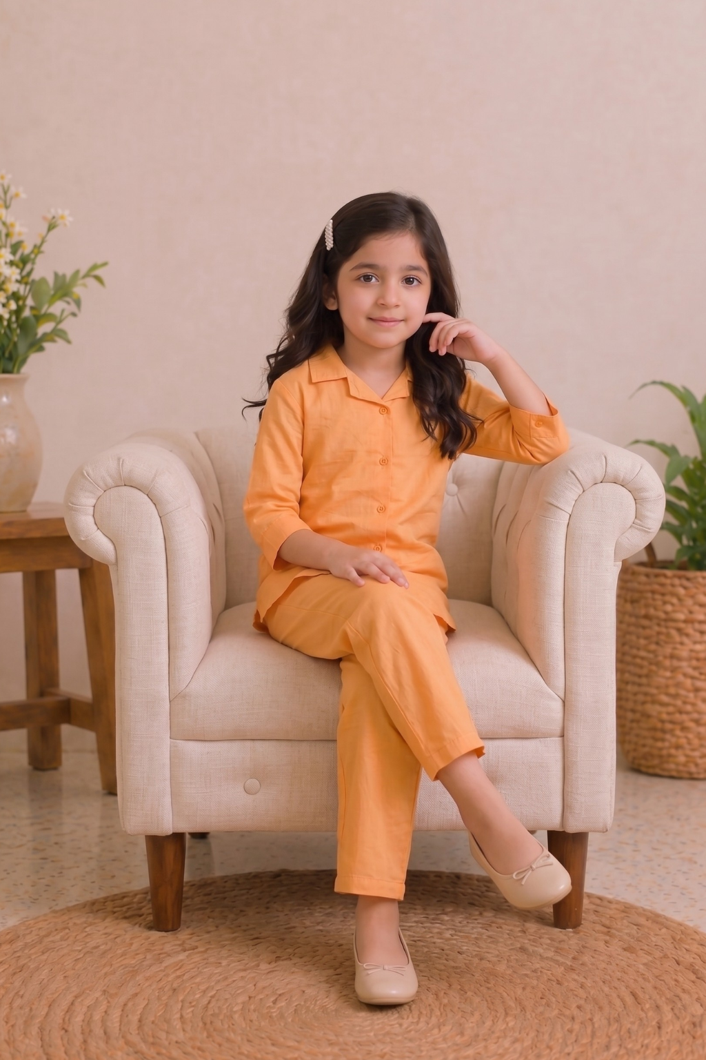 Peach Plain Co-ord Fabric Suit For Girls Main image