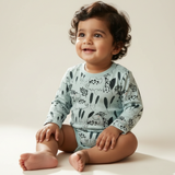 LIGHT GREEN DINO & LEAF PRINTED FULL SLEEVES HALF BODY ROMPER
