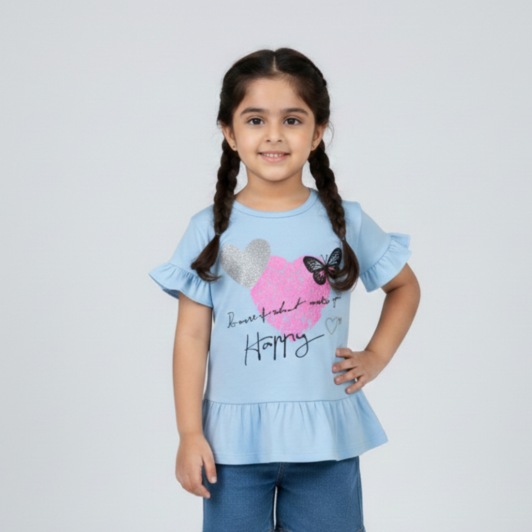 SKY BLUE "BUTTERFLY & HAPPY" T-SHIRT TOP FOR GIRLS