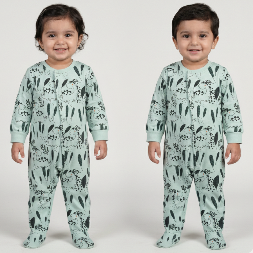 LIGHT GREEN DINO & LEAF PRINTED FULL BODY FULL SLEEVES ROMPERS Main image