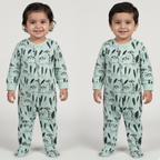 LIGHT GREEN DINO & LEAF PRINTED FULL BODY FULL SLEEVES ROMPERS