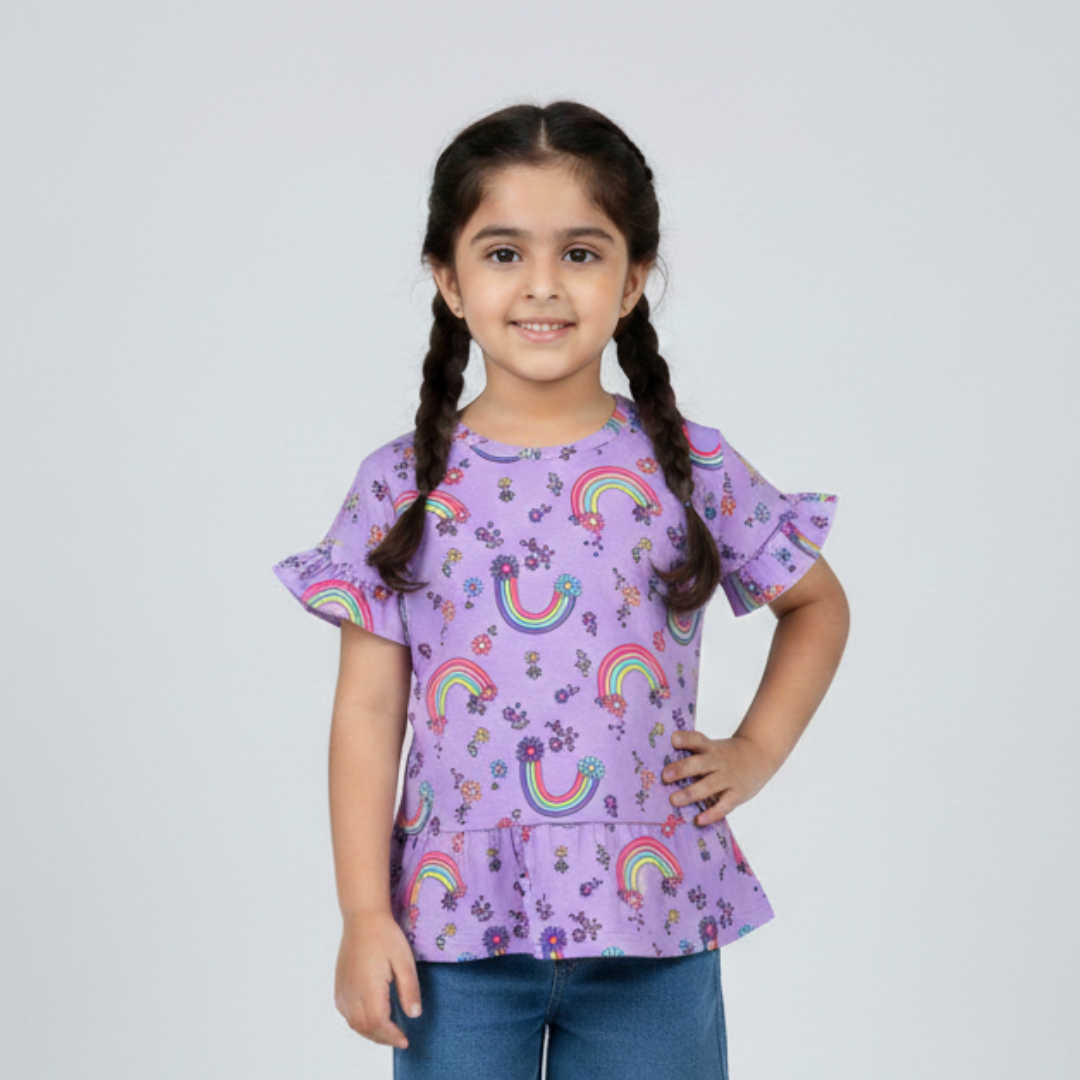 LIGHT PURPLE RAINBOW & FLOWERS PRINT T-SHIRT TOP FOR GIRLS