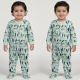 LIGHT GREEN DINO & LEAF PRINTED FULL BODY FULL SLEEVES ROMPERS