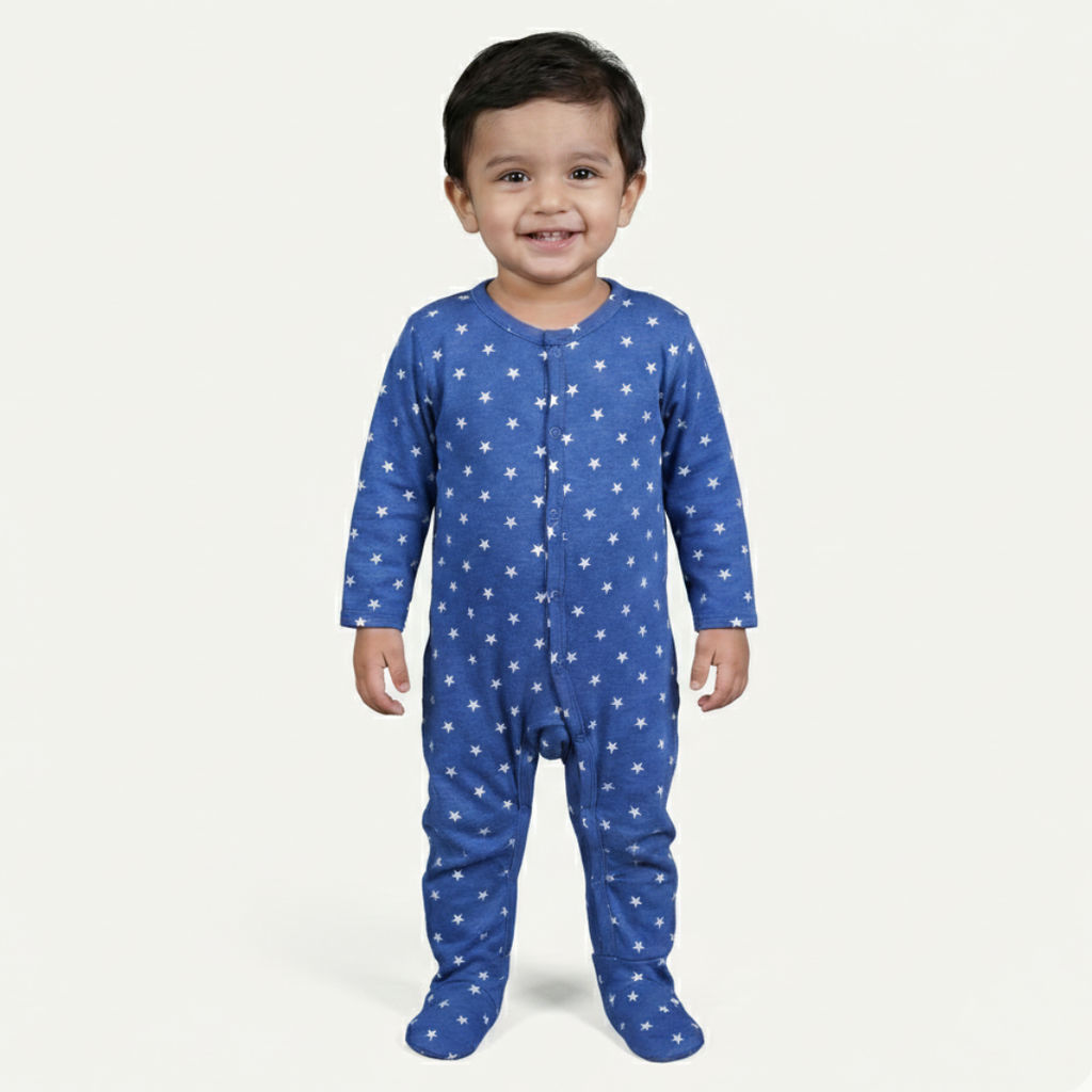 ROYAL BLUE STARS PRINT COTTON JERSY FABRIC FULL BODY FULL SLEEVES ROMPER