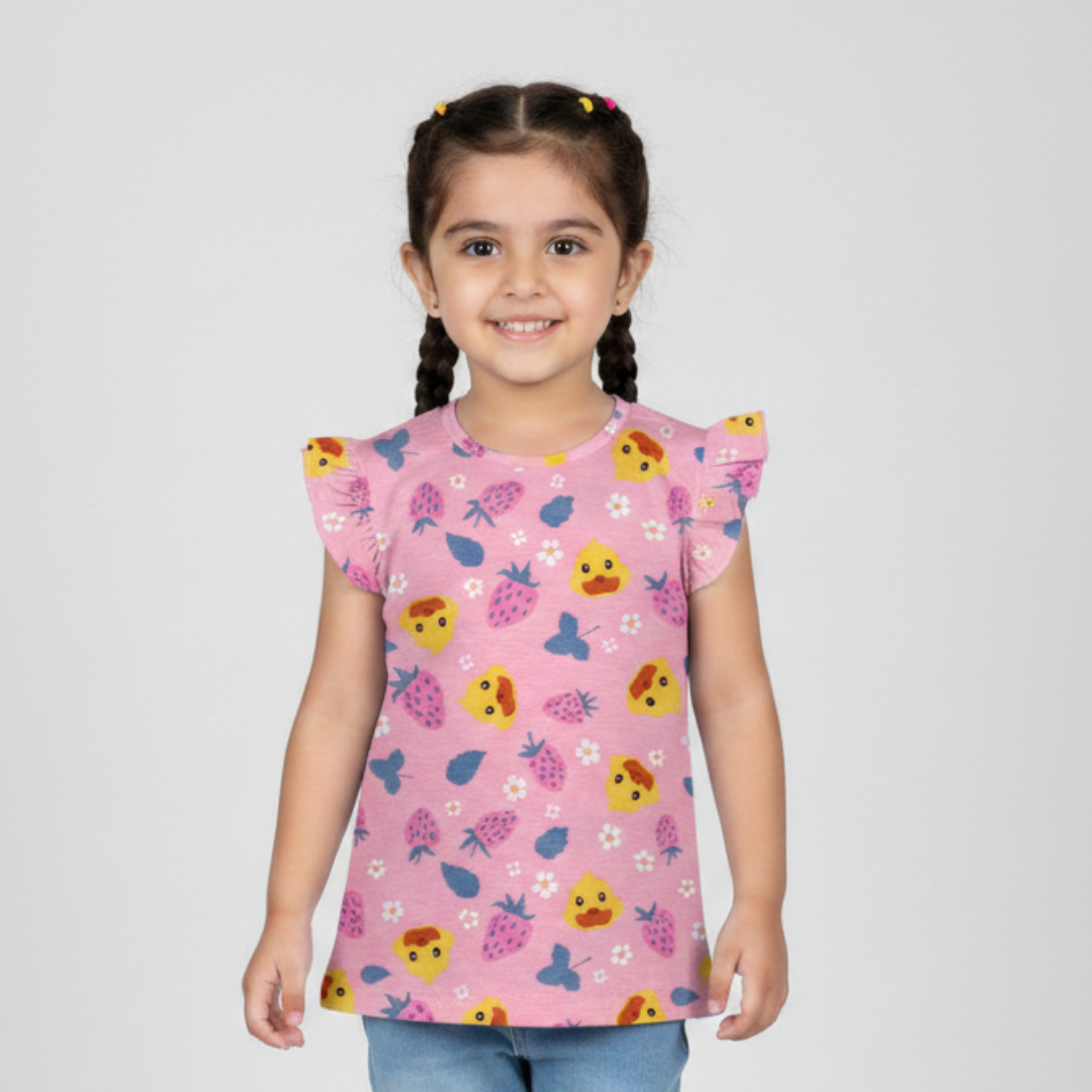 PINK DUCK & STRAWBERRY PRINTED T-SHIRT TOP FOR GIRLS
