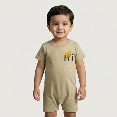 BEIGE HI BEAR PRINT HALF BODY ROMPER