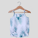 WHITE FRIL BIG TREE PRINTED COTTON FABRIC ROMPER