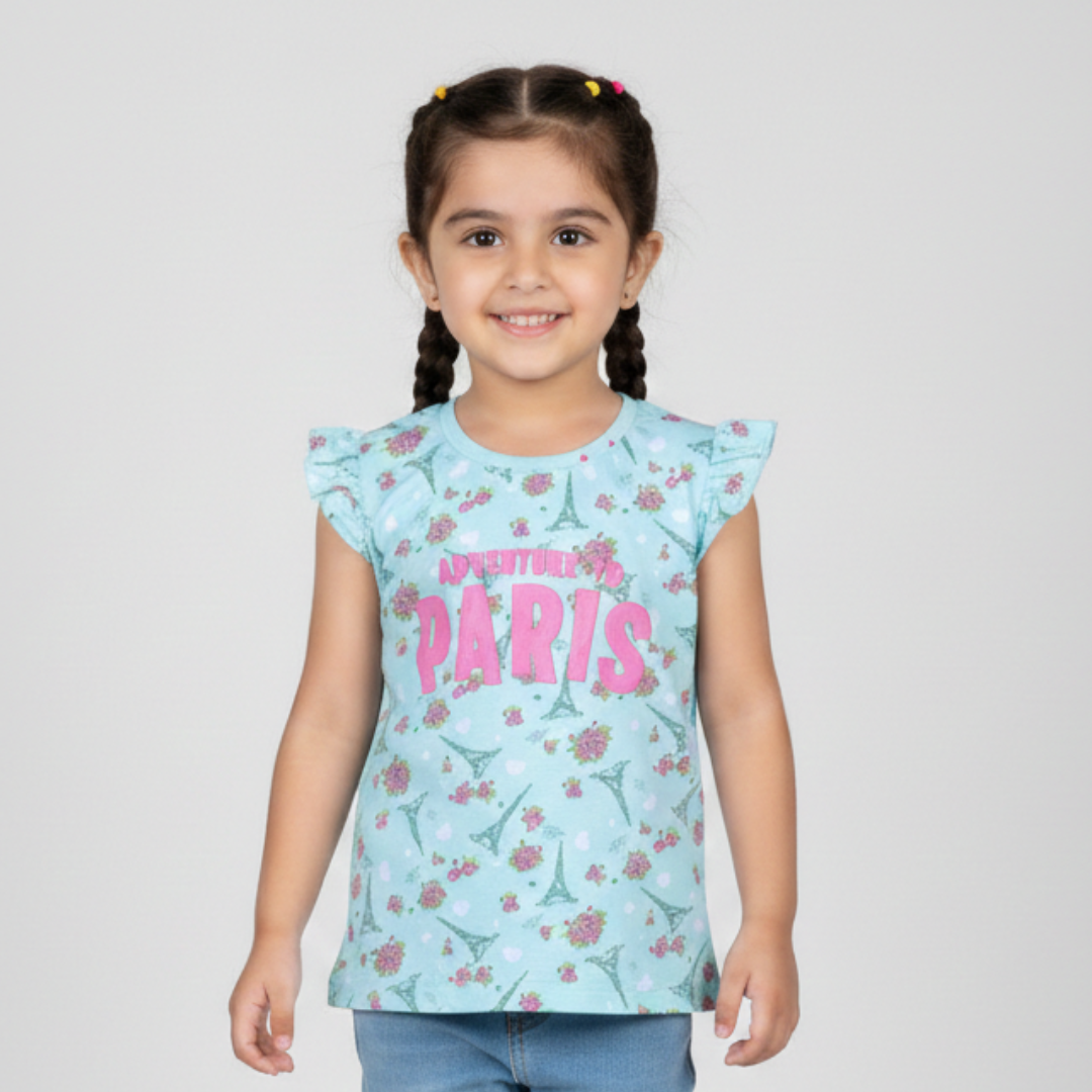SEA GREEN PARIS PRINTED T-SHIRT TOP FOR GIRLS Main image