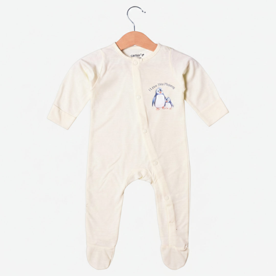 YELLOW "PENGUIN I LOVE YOU MOMMY" PRINT FULL BODY FULL SLEEVES ROMPERS Main image