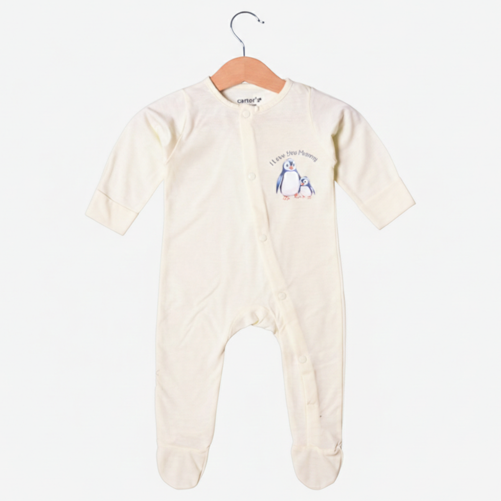 YELLOW "PENGUIN I LOVE YOU MOMMY" PRINT FULL BODY FULL SLEEVES ROMPERS