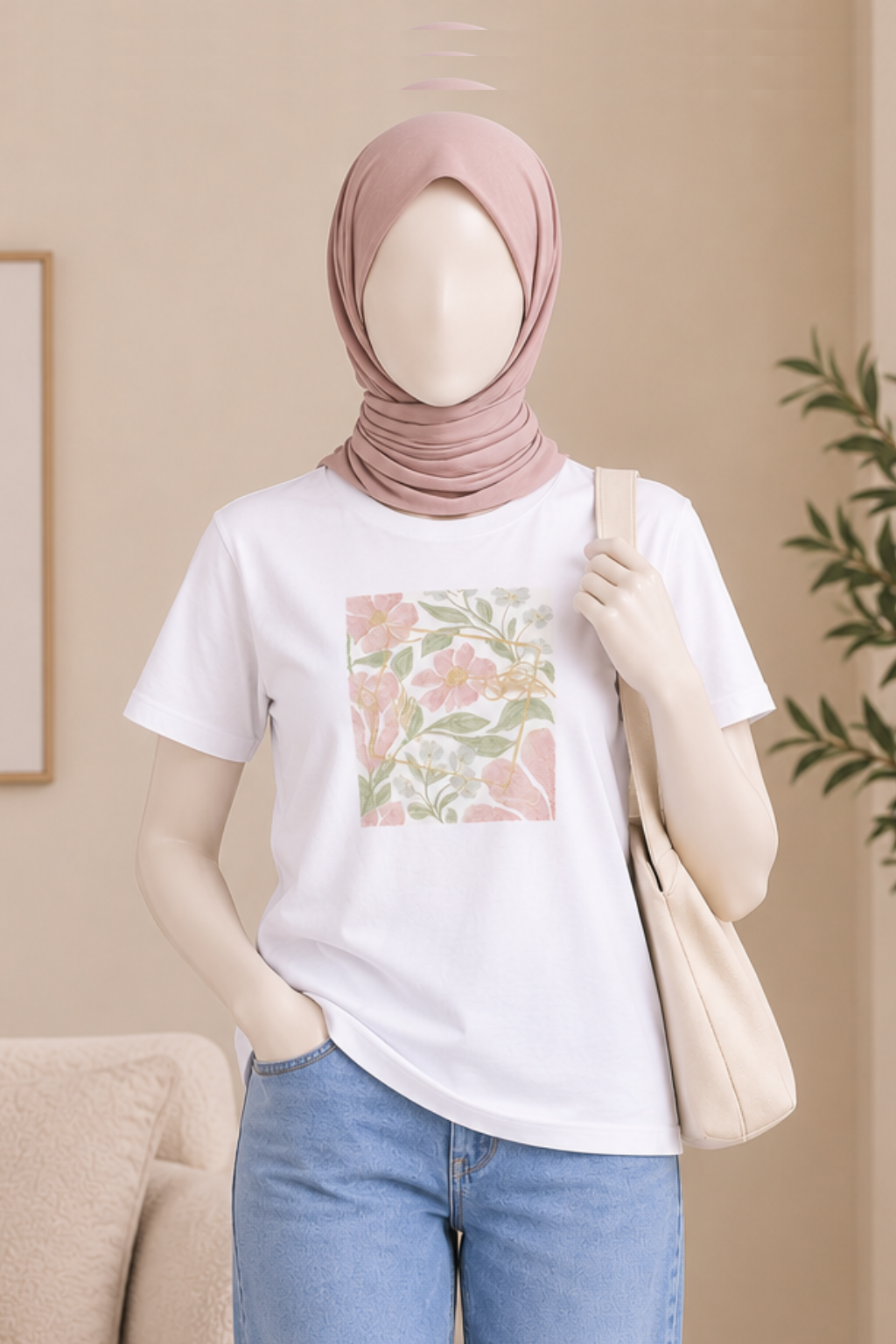 WHITE FLOWERS PRINT T-SHIRT FOR WOMEN Secondary image