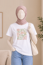 WHITE FLOWERS PRINT T-SHIRT FOR WOMEN