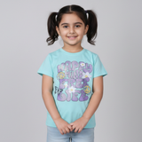 SEA GREEN HAPPY MIND FREE LIFE PRINTED T-SHIRT TOP FOR GIRLS