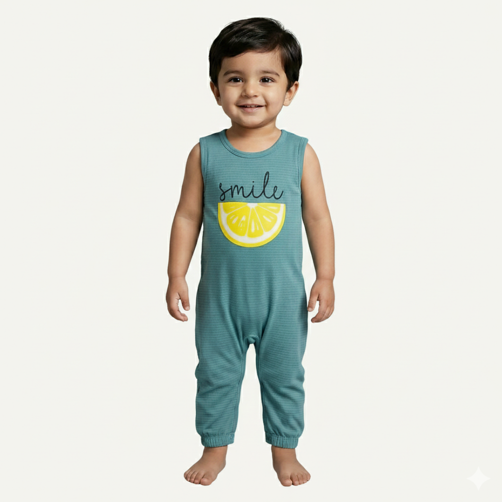BLUE SMILE LEMON PRINT SLEEVES LESS FULL BODY ROMPER