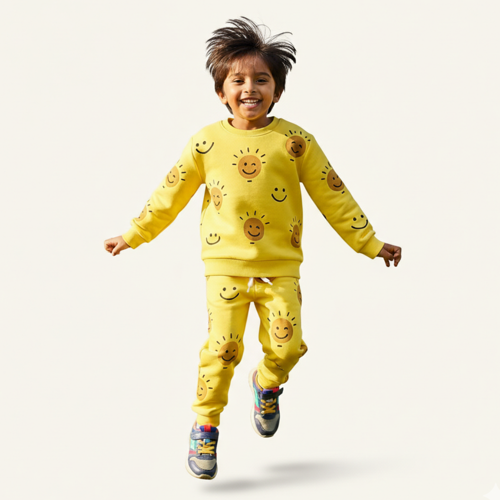 Yellow Smile Print Terry Fabric Suit For Winters
