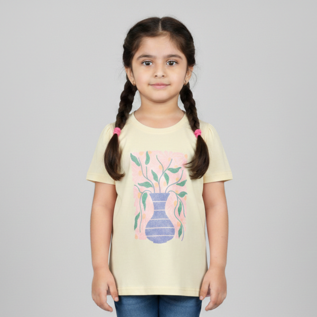 YELLOW FLOWERS VASE PRINTED T-SHIRT TOP FOR GIRLS Main image