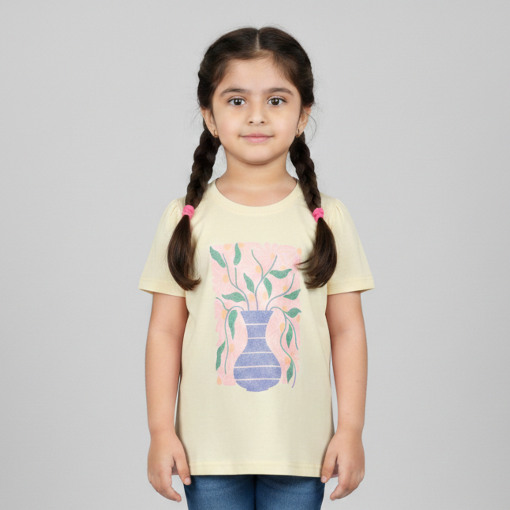 YELLOW FLOWERS VASE PRINTED T-SHIRT TOP FOR GIRLS