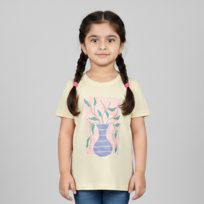 YELLOW FLOWERS VASE PRINTED T-SHIRT TOP FOR GIRLS