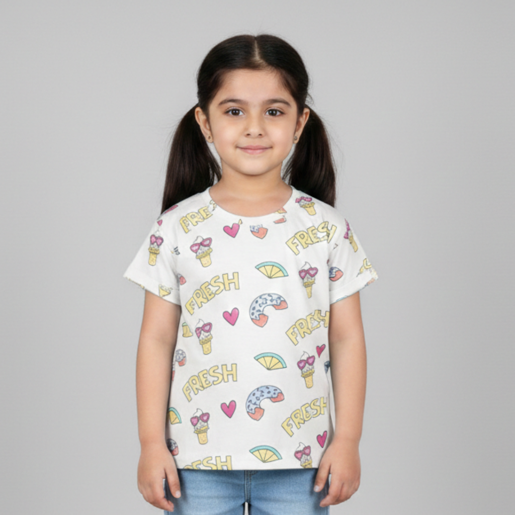 OFF WHITE FRESH ICE CREAM PRINTED T-SHIRT TOP FOR GIRLS