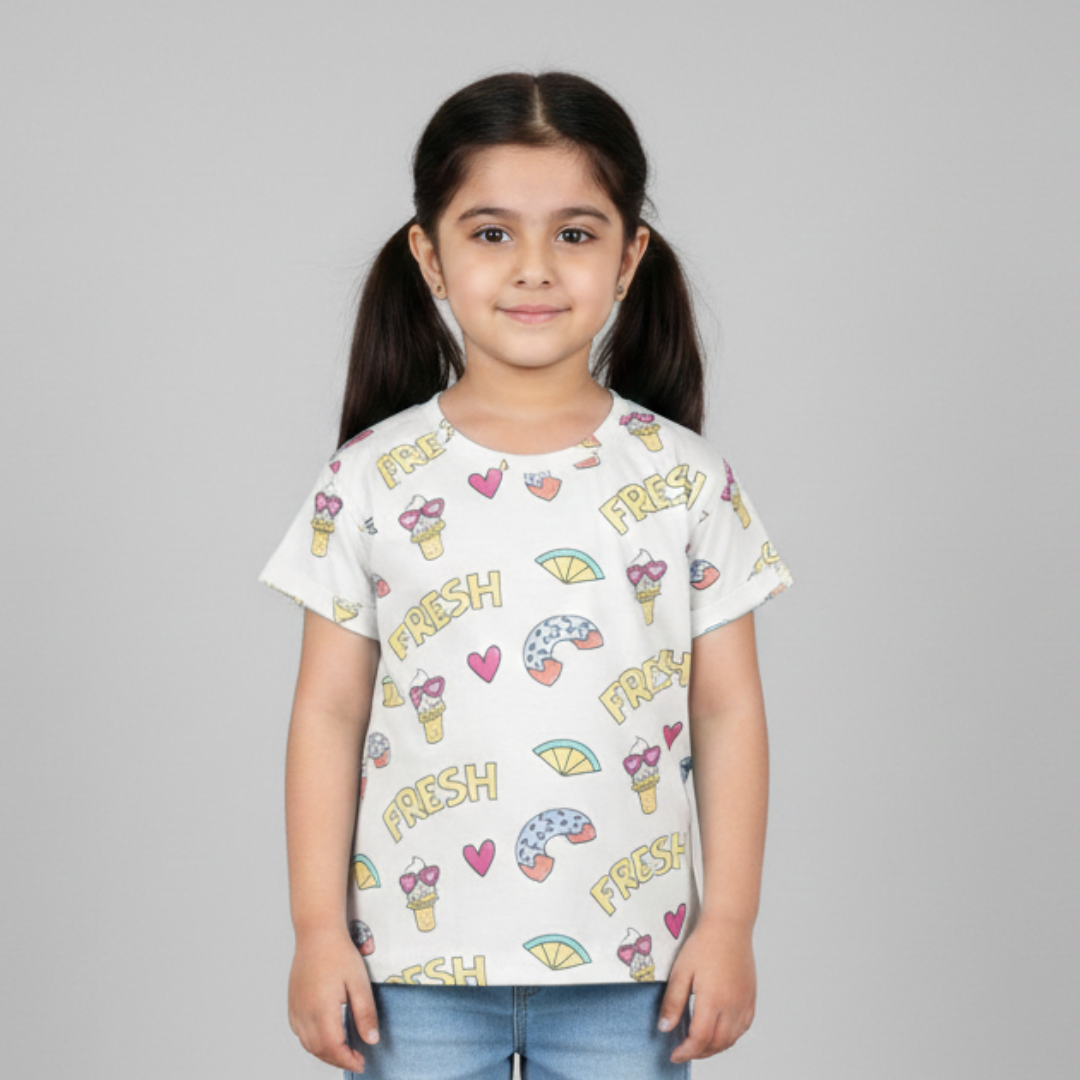 OFF WHITE FRESH ICE CREAM PRINTED T-SHIRT TOP FOR GIRLS