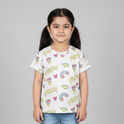 OFF WHITE FRESH ICE CREAM PRINTED T-SHIRT TOP FOR GIRLS