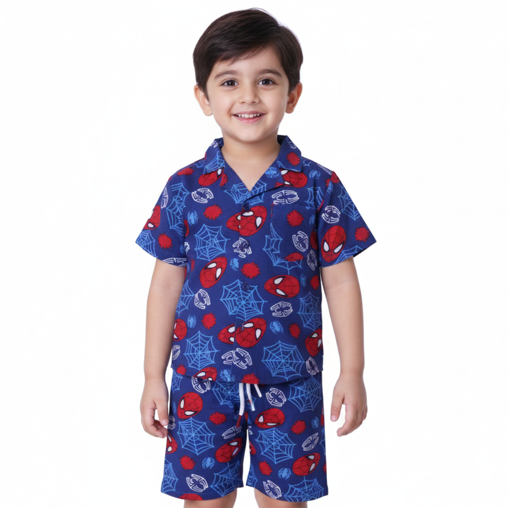 BLUE SPIDERMAN PRINT WITH SHORTS COTTON JERSY FABRIC BABA SUIT