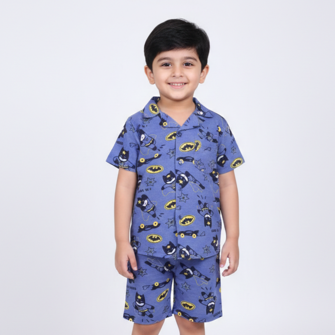 TEAL BLUE BAT MAN PRINT WITH SHORTS COTTON JERSY FABRIC BABA SUIT