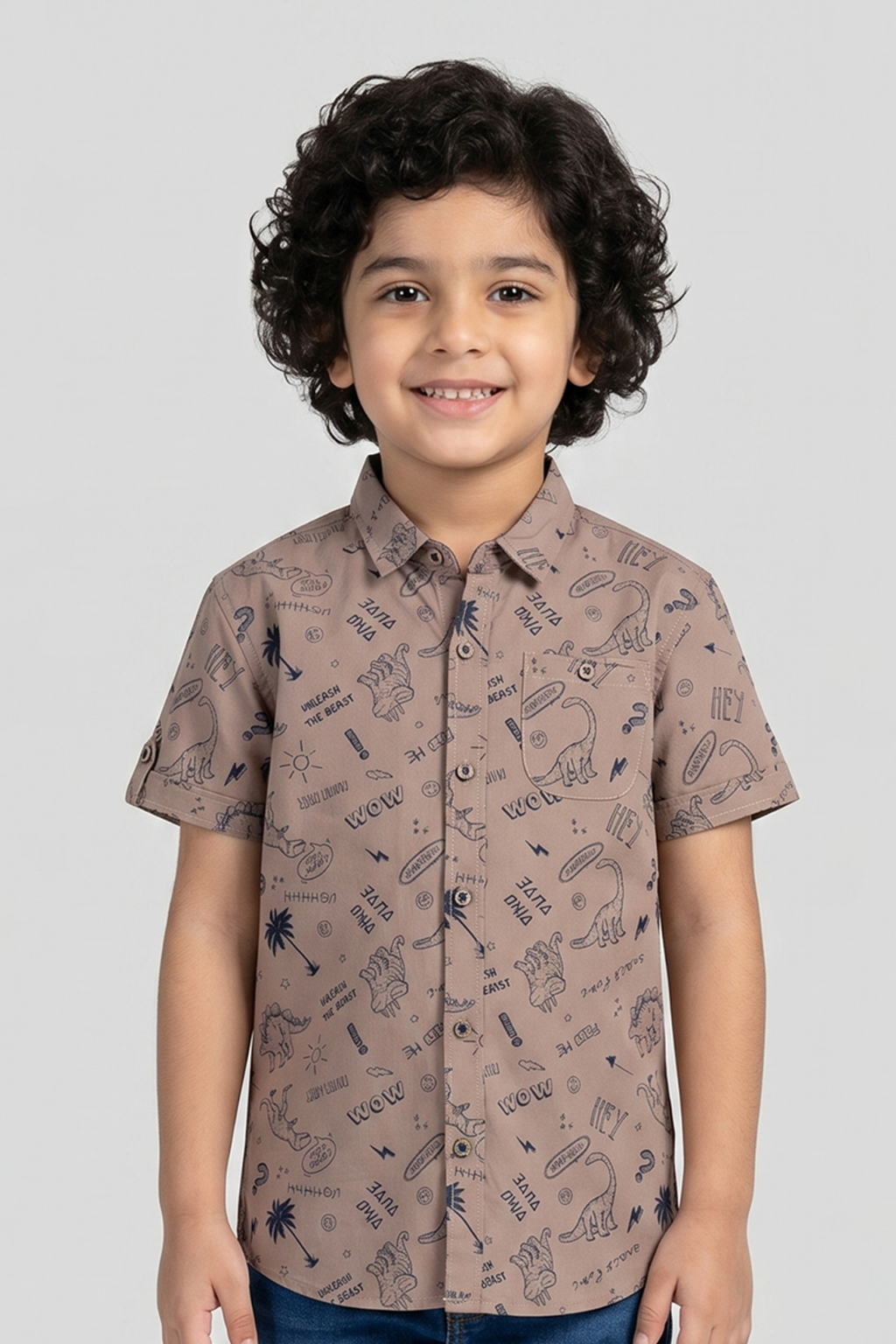Brown Dino Print Half Sleeves Casual Shirt