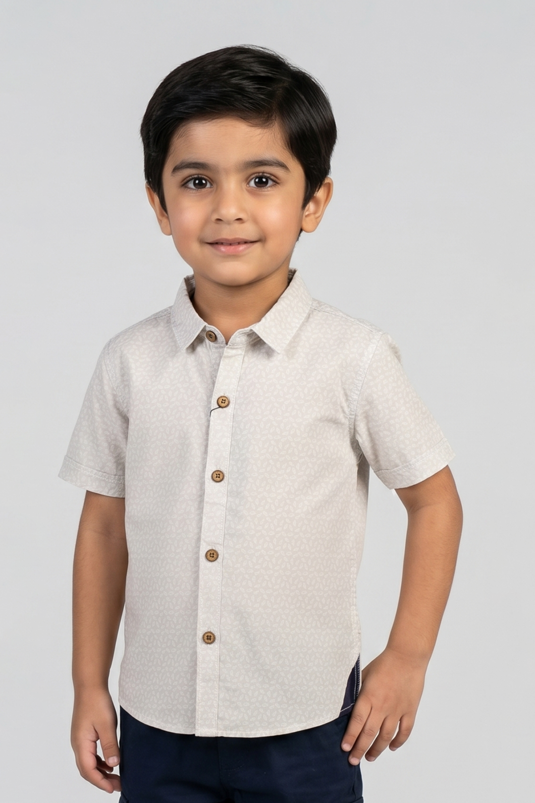 Cream Leaves Print Half Sleeves Casual Shirt