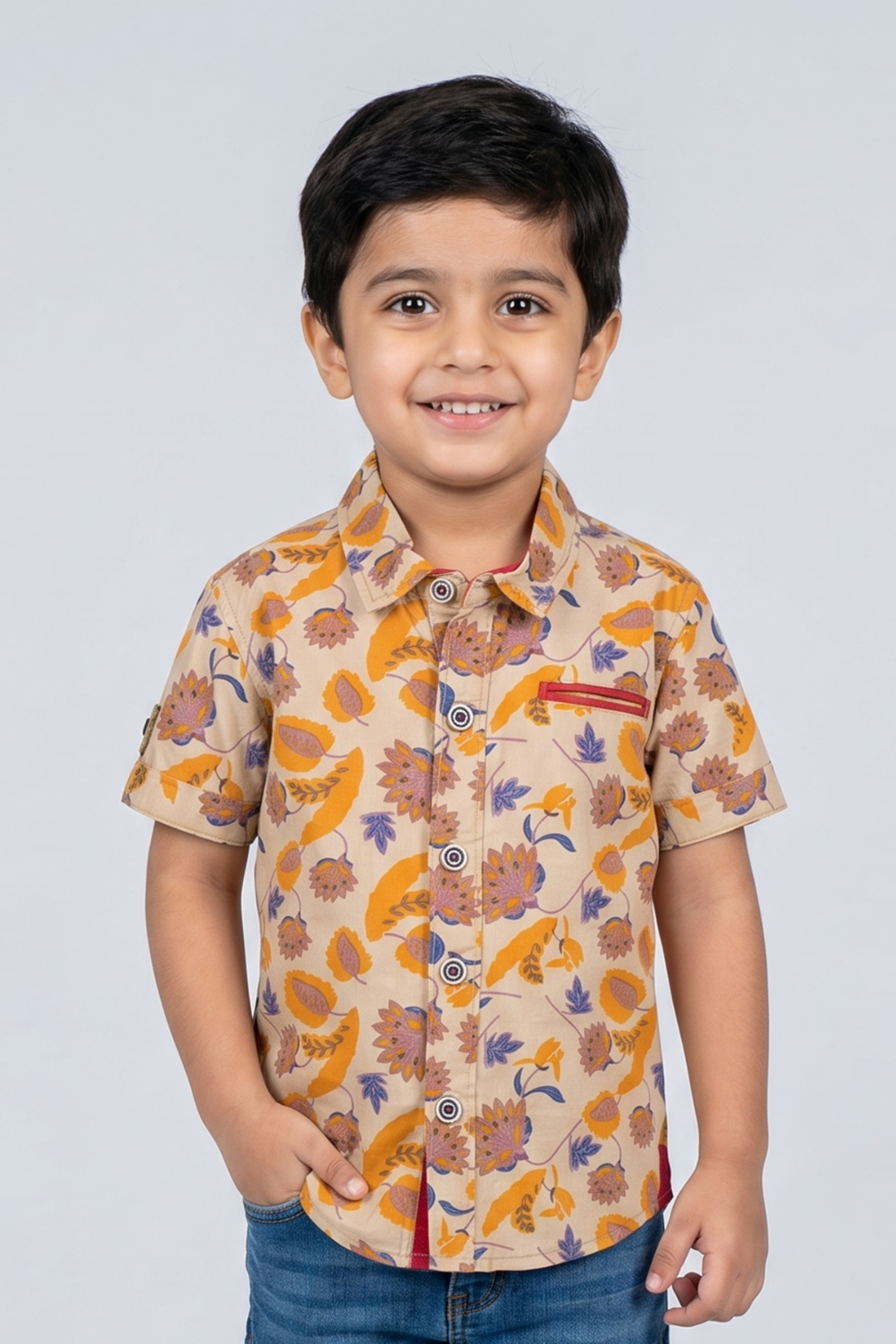 Cream Flowers Print Half Sleeves Casual Shirt Main image
