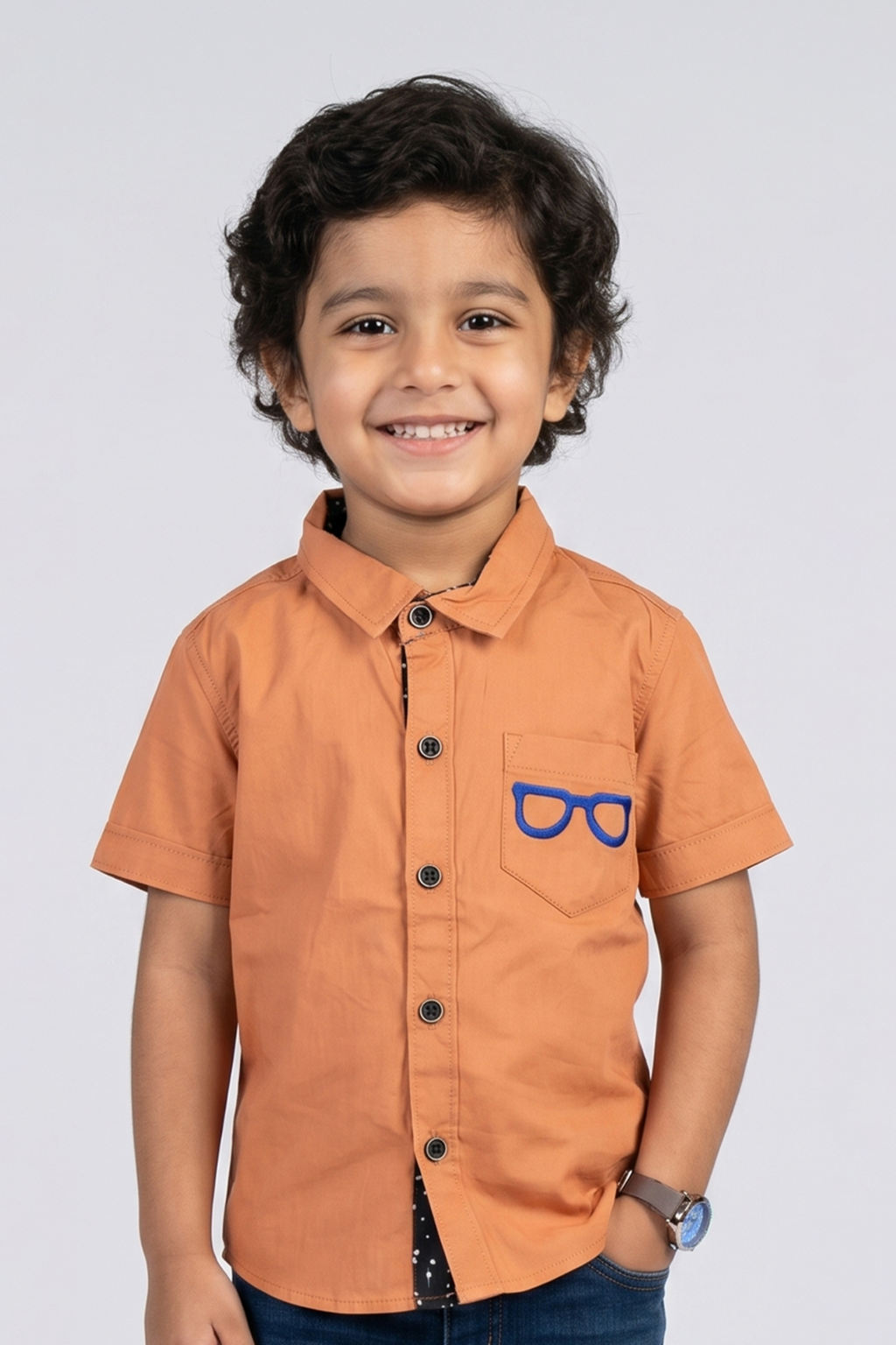 Orange Glasses 1 Pocket Half Sleeves Casual Shirt