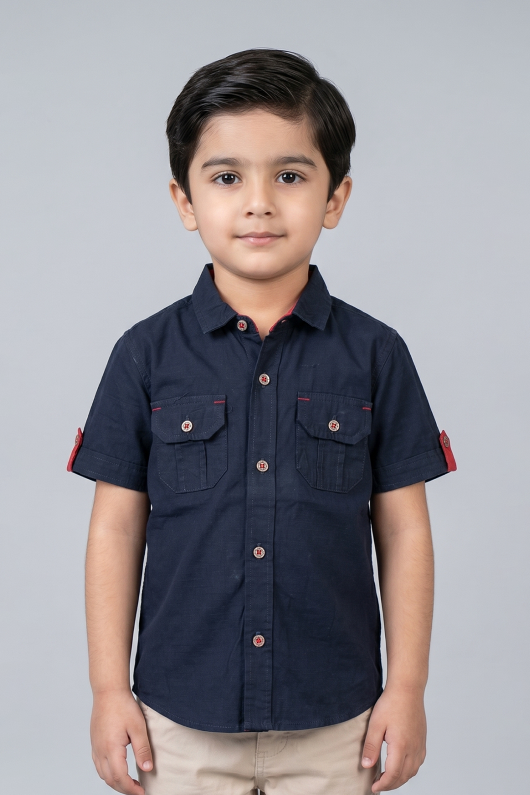 Navy Blue Double Pocket Half Sleeves Casual Shirt Main image