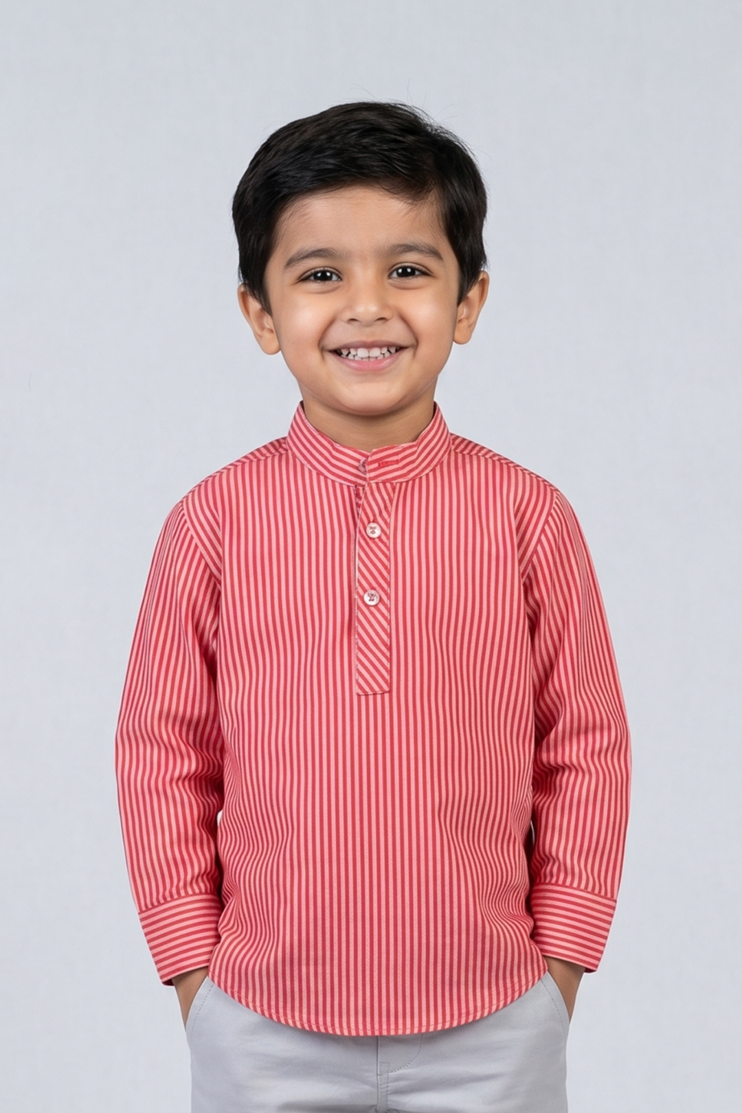 Red Stripes Band Collar Full Sleeves Casual Shirt