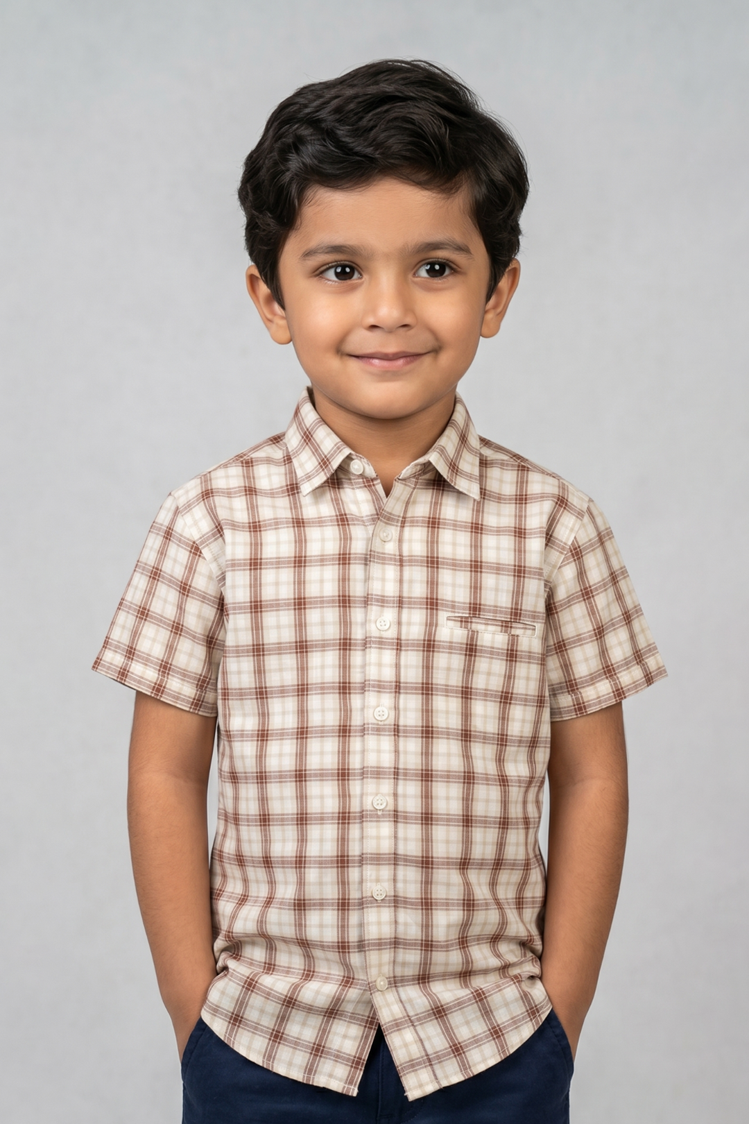 Cream With Brown Checkered Half Sleeves Casual Shirt Main image