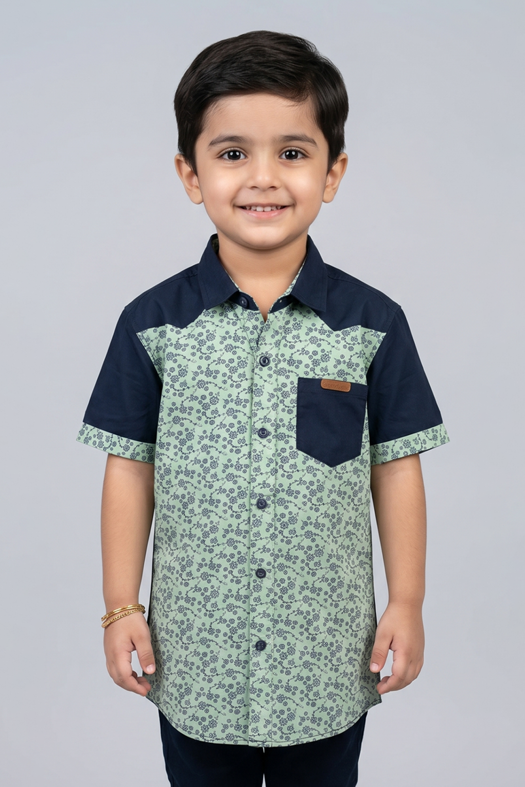 Green & Navy Blue Flowers Print Half Sleeves Casual Shirt Main image