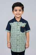 Green & Navy Blue Flowers Print Half Sleeves Casual Shirt