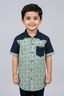 Green & Navy Blue Flowers Print Half Sleeves Casual Shirt